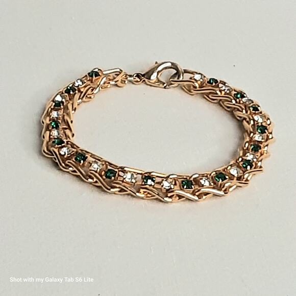 Gold Tone Chain Link Bracelet String Of Green Clear Rhinestones Lobster Clasp - Picture 5 of 10
